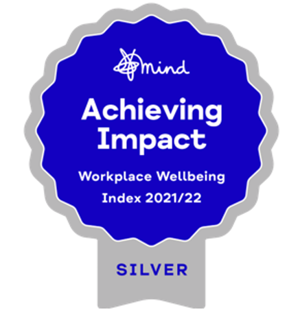 Mind logo - Achieving Impact, Workplace Wellbeing Index 2021/22 Silver award